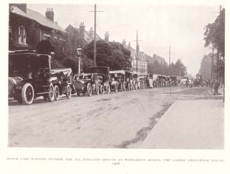 MOTOR CARS WAITING OUTSIDE THE ALL-ENGLAND GROUND AT WIMBLEDON DURING THE LADIES CHALLENGE ROUND, 1906