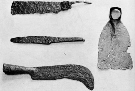 [Illustration: Tools used in the cultivation of tobacco over 300 years ago. These tools—hoe, billhook, and cutting knives—were excavated at Jamestown.]