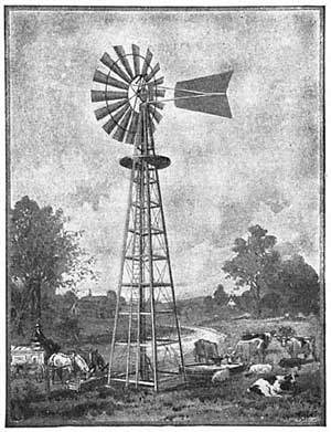 FIG. 119.—The windmill pumps water into the troughs
where cattle drink.