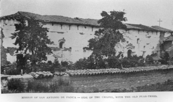 Mission of San Antonio de Padua--side of the chapel, with the old pear-trees.