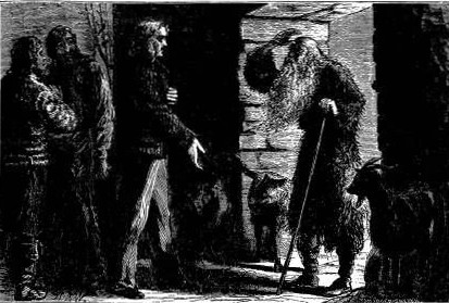 The cabin door now opened, and there stood, in the shadow
of the light, the figure of an old man bent with age, and dressed in the
skin of a wolf. Page 216.