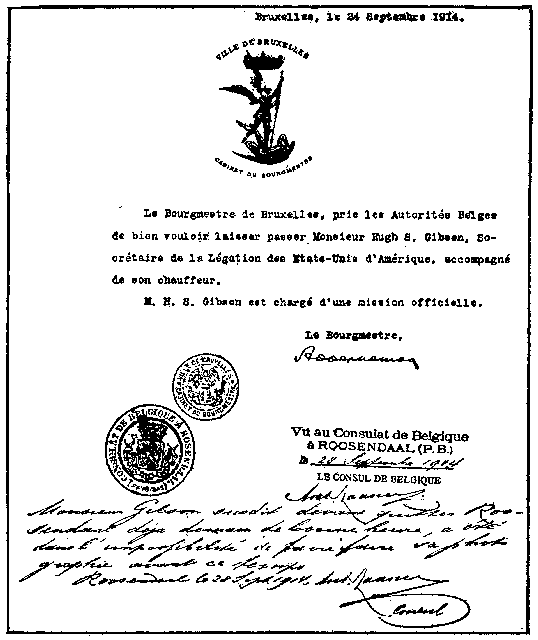 Letter signed by Burgomaster Max requesting the Belgian authorities to allow Mr. Gibson to pass through the lines on his way to Antwerp. This was one of the last documents signed by the Burgomaster before he was sent to Germany as a prisoner of war.