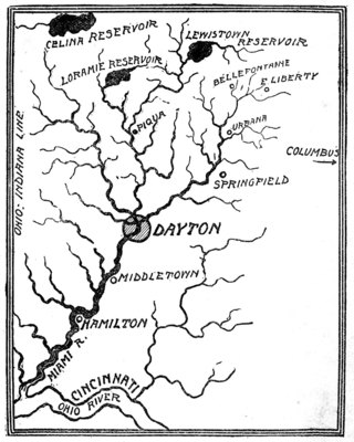 THE FLOOD IN MIAMI VALLEY The above map shows a part of Ohio which was devastated by the most disastrous flood in American history. A large number of small streams converge into larger streams and then into still larger water courses, several of which form a junction at Dayton, where the greatest loss of life and the heaviest damage to property occurred.