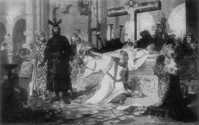 A painting showing the dead Siegfried lying in state, surrounded by mourners.
Chriemhild kneels in front of the bier, pointing at a knight dressed in black.