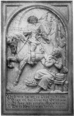 A carved stone bas-relief, showing Jan, the great general, riding his
horse, looking down at the elderly Griet sitting on a stool with a basket
of apples at her feet.