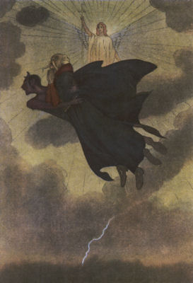 Under a dark sky split by lightning, the devil carries off Twardowski.
An angelic figure stands in the heavens in the background, holding a sword.