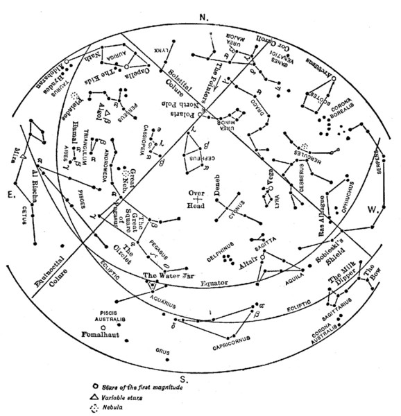 Map showing the principal stars visible from Lat. 40° N. at 9 o'clock, October first.