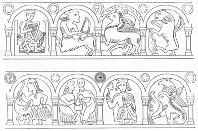 Rite of baptism on the font at Darenth, Kent (from Romilly
Allen's "Early Christian Symbolism")