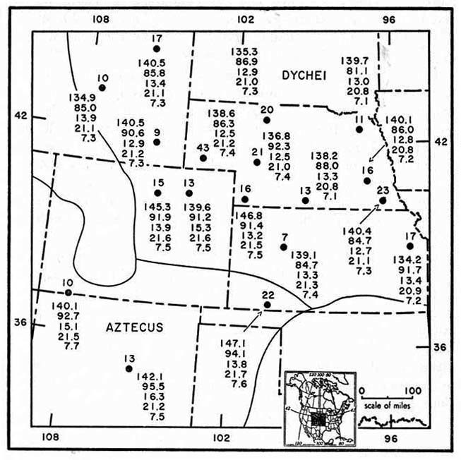 Geographic variation in five
measurements of <i>Reithrodontomys megalotis</i> on the central Great
Plains.