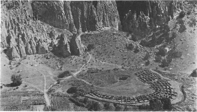 Looking down on the ruins of a prehistoric dwelling from
one of the upper caves in the Rito de las Frijoles, New Mexico