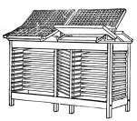 Fig. 33. Double Case Stand, showing the cases in rack
pushed back from front, to permit exposure of all boxes when a case is
pulled forward for setting type.