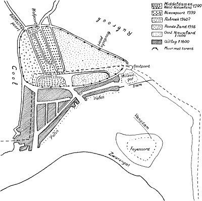 Uitbreiding van Rotterdam van het ontstaan tot het jaar 1600.