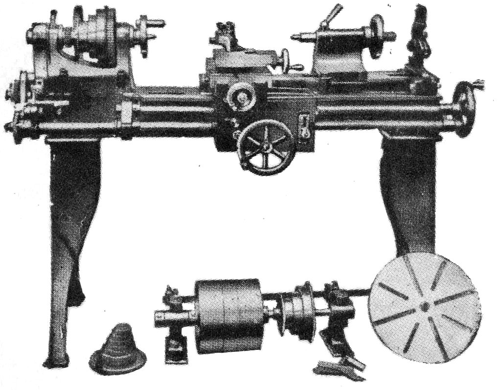 5 in. Centre Screw Cutting, Surfacing and
Boring Lathe here shewn, with counter shaft for power.
With counter shaft or treadle drive.      Price £44.