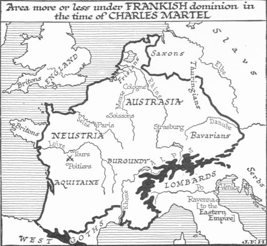 Map: Area more or less under Frankish dominion in the time of
 Charles Martel