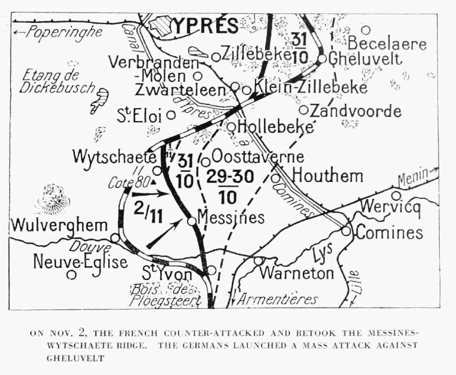 ON NOV. 2, THE FRENCH COUNTER-ATTACKED AND RETOOK THE MESSINES-WYTSCHAETE
RIDGE. THE GERMANS LAUNCHED A MASS ATTACK AGAINST
GHELUVELT