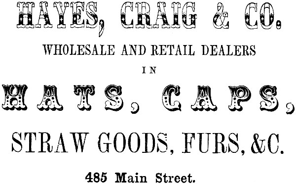 HAYES, CRAIG & CO. WHOLESALE AND RETAIL DEALERS IN HATS, CAPS,
STRAW GOODS, FURS, &C. 485 Main Street.