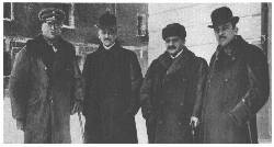 Representatives of the Central Powers at Brest-Litovsk
(from left to right): Gen. Hoffmann of the German Army; Count Czernin,
Austro-Hungarian Foreign Minister, Talaat Pasha, Turkish Grand Vizier,
and von Kuehlmann, German Foreign Minister
(International Film Service)