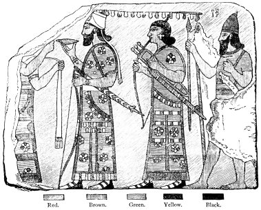 Fig. 76.—Glazed Terra-cotta, from Nimrud.

Red. Brown. Green. Black.