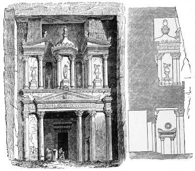 Fig. 284.—Façade and Section of a Rock-cut Tomb at
Petra.