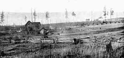 Two story frame house; one-story long barn; orchard, split rail fence; cows, ducks, chickens.