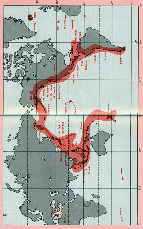 The distribution of some of the Earth’s 500 active volcanoes.