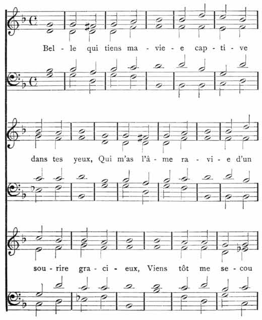 Part 1 of the music score for the first verse of "Belle Qui Tiens Ma Vie"