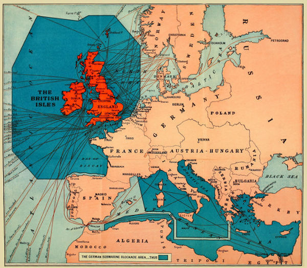 THE GERMAN SUBMARINE BLOCKADE AREA.—THUS MARKED IN DEEP BLUE