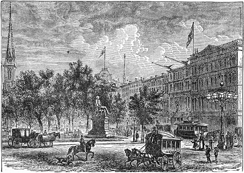 drawing of park surrounded by buildings