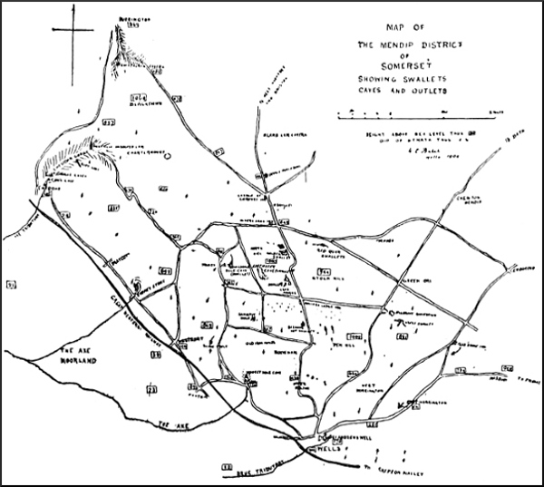 MAP OF THE MENDIP DISTRICT OF SOMERSET, SHOWING SWALLETS, CAVES, AND OUTLETS.