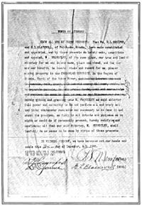 KNOW ALL MEN BY THESE PRESENTS: That We, R.L. MENIFEE, and G.L. BLACKWELL,
of Fairbanks, Alaska, have made constituted and appointed, any by these
presents do hereby make, contribute and appoint, F. Priestley, of the
same place, our true and lawful attorney for us and in our name, place
and stead, and for our use and benefit, to locate stake and record for
us, places mining property in the CHANDELAR DISTRICT, in the Region of
Alaska, North of the Yukon River: [three lines erased here]

hereby giving and granting onto W. PRIESTLEY as said attorney full power
and authority to do and perform all and every act and thing whatsoever
requisite and necessary to be done in and about the premises, as fully
to all intents and purposes as we might or could do if personally
present, hereby ratifying and confirming all that our said Attorney,
W. PRIESTLEY, shall lawfully do or cause to be done by virtue of these
presents.

In WITNESS WHEREOF, we have hereupon set our hands and seals this 3rd
day of December, A.D. 1905.

SIGNED, SEALED & DELIVERED IN THE PRESENCE OF: [signatures]