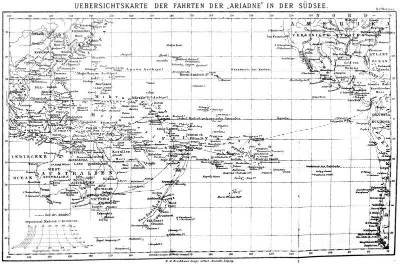 Uebersichtskarte der Fahrten der „Ariadne“