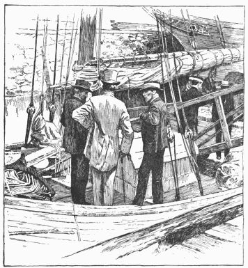 Captain Slocum, Sir Alfred Milner (with the tall hat),
and Colonel Saunderson, M. P., on the bow of the Spray at Cape
Town.