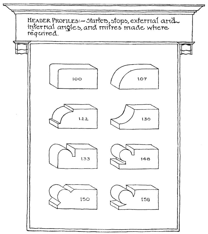 HEADER PROFILES:—Starters, stops, external and internal angles, and mitres made where required.