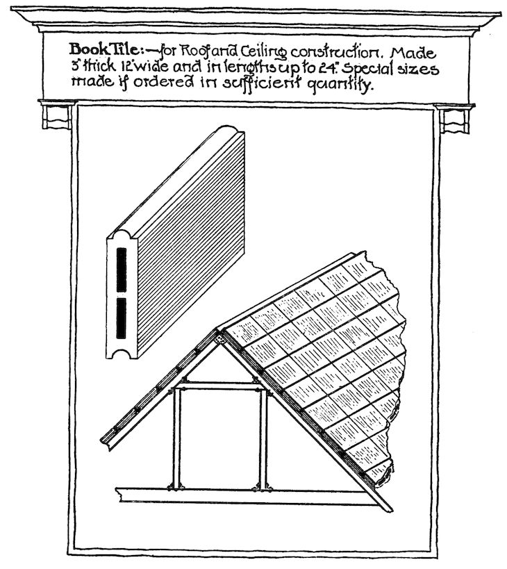 Book Tile:—for Roof and Ceiling construction. Made 3″ thick 12″ wide and in lengths up to 24″. Special sizes made if ordered in sufficient quantity.